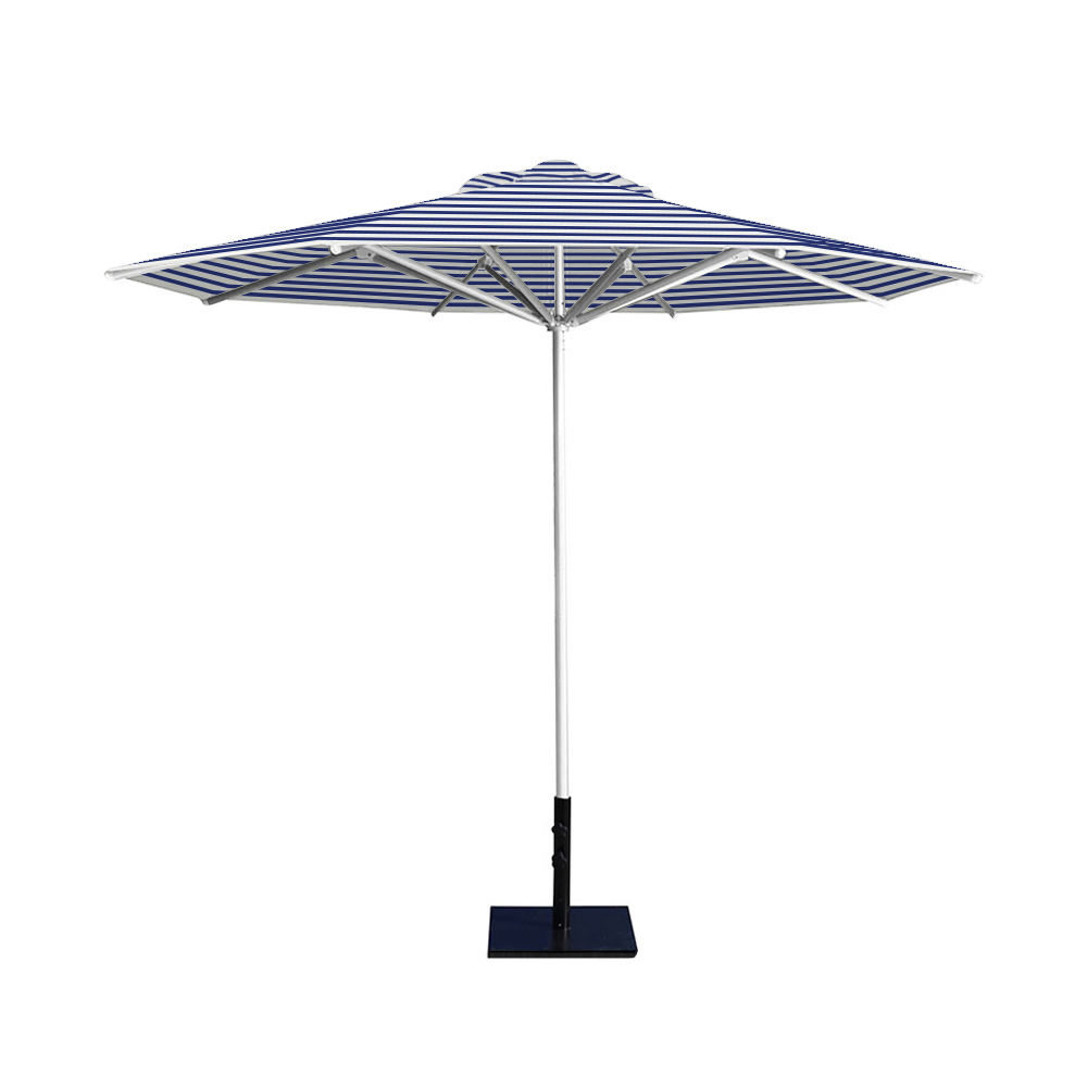 10' Saville octagonal umbrella by Extreme Canopy with blue stripe canopy, silver frame, and 50lb base plate