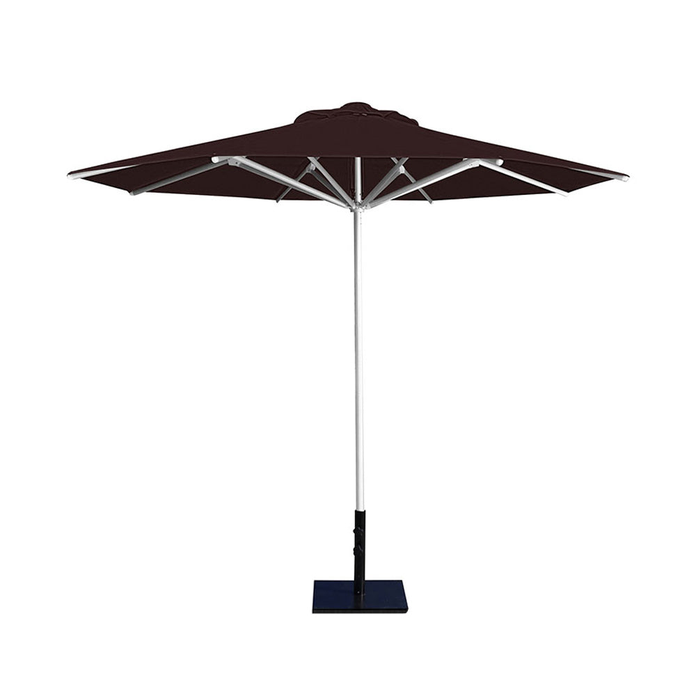 10' Saville octagonal umbrella by Extreme Canopy with brown canopy, silver frame, and 50lb base plate