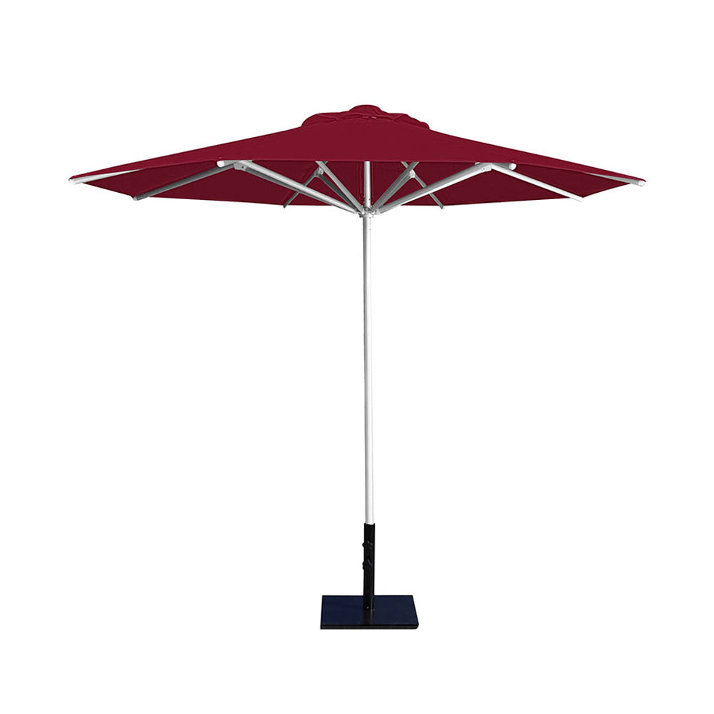 10' Saville octagonal umbrella by Extreme Canopy with burgundy canopy, silver frame, and 50lb base plate