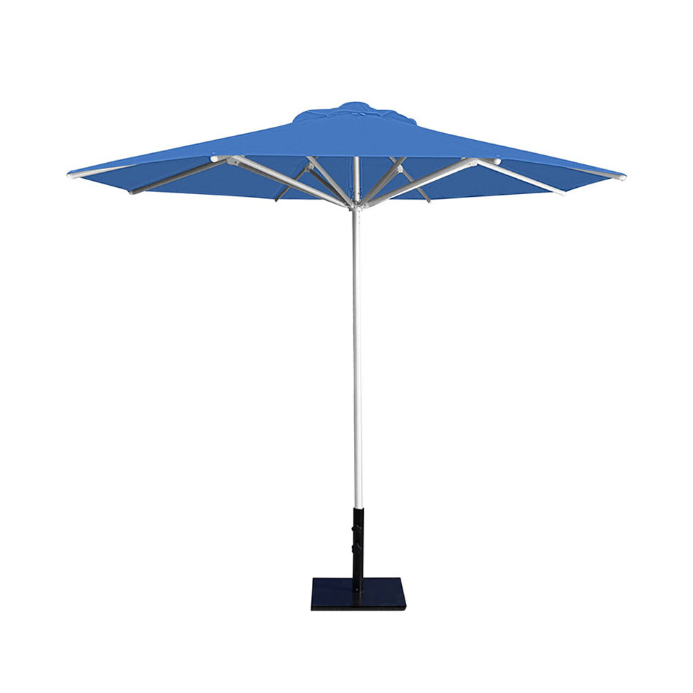 10' Saville octagonal umbrella by Extreme Canopy with capri blue canopy, silver frame, and 50lb base plate