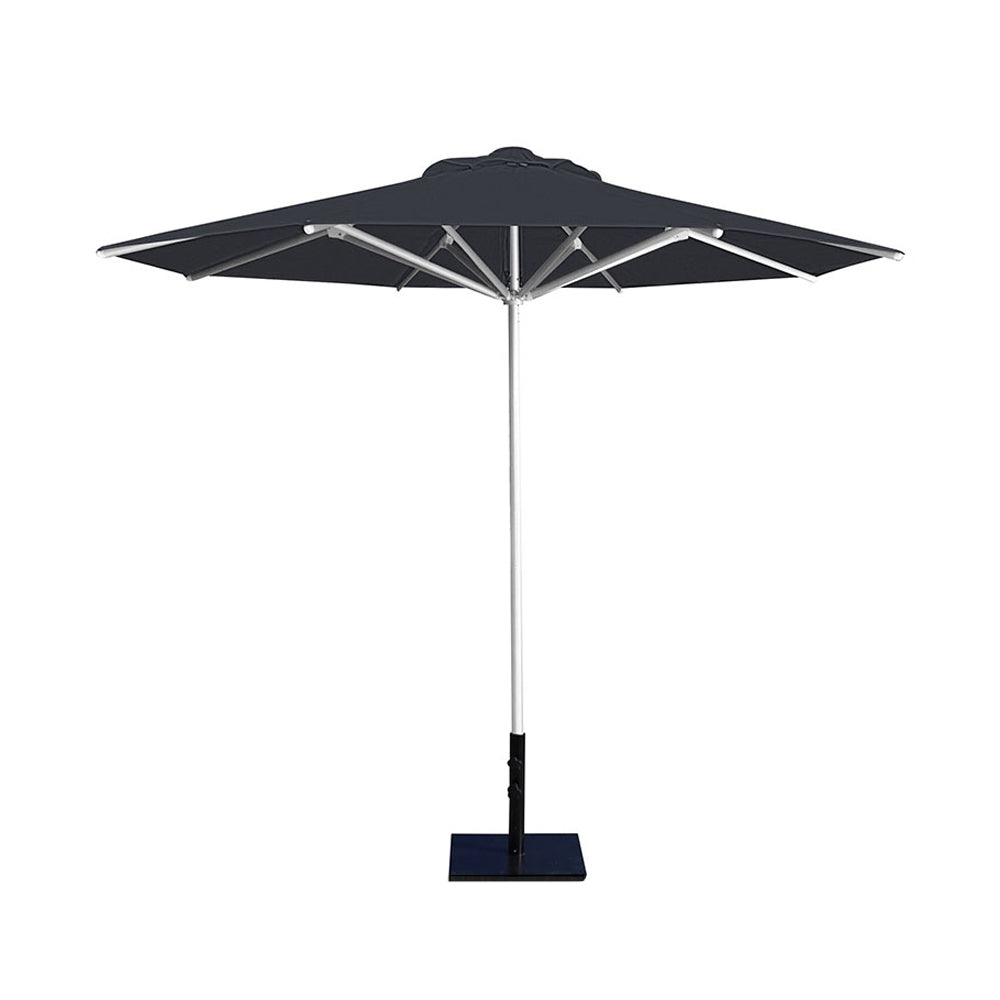 10' Saville octagonal umbrella by Extreme Canopy with charcoal canopy, silver frame, and 50lb base plate