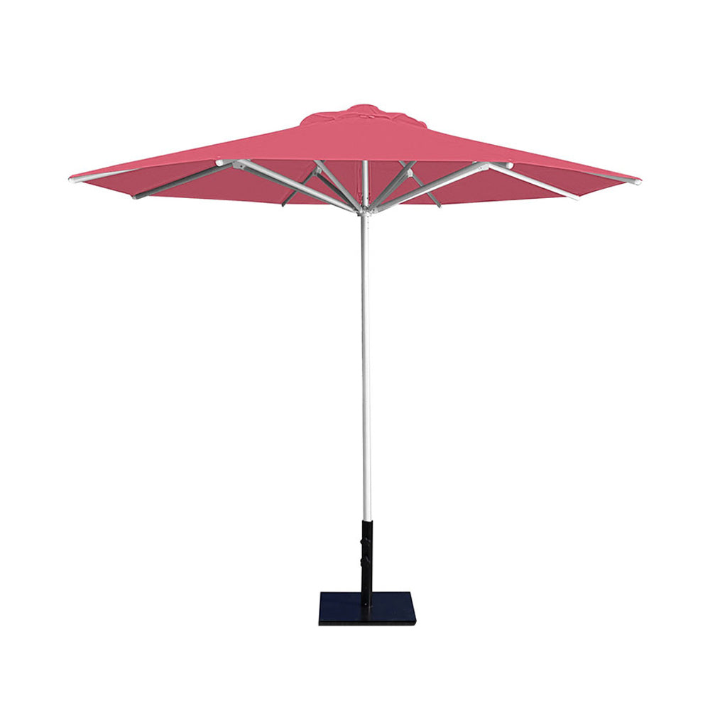 10' Saville octagonal umbrella by Extreme Canopy with coral canopy, silver frame, and 50lb base plate