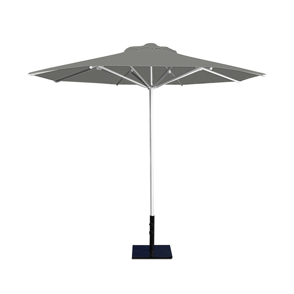 10' Saville octagonal umbrella by Extreme Canopy with gray canopy, silver frame, and 50lb base plate