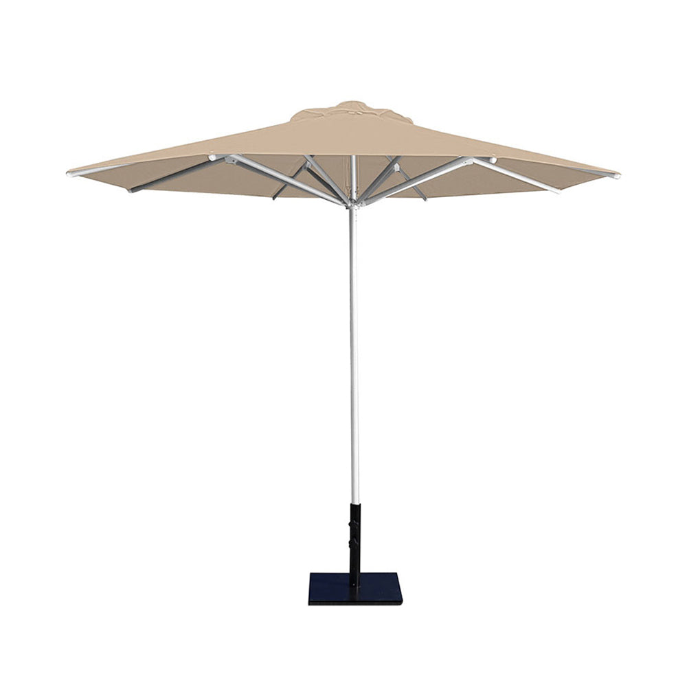 10' Saville octagonal umbrella by Extreme Canopy with linen canopy, silver frame, and 50lb base plate