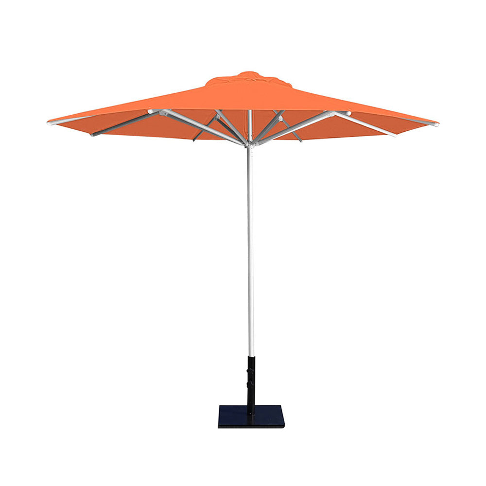 10' Saville octagonal umbrella by Extreme Canopy with orange canopy, silver frame, and 50lb base plate