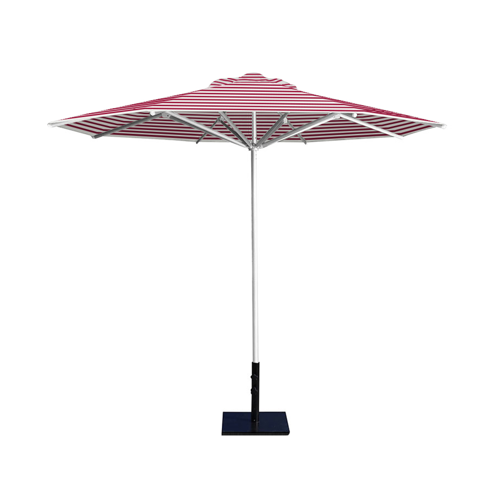 10' Saville octagonal umbrella by Extreme Canopy with red stripe canopy, silver frame, and 50lb base plate