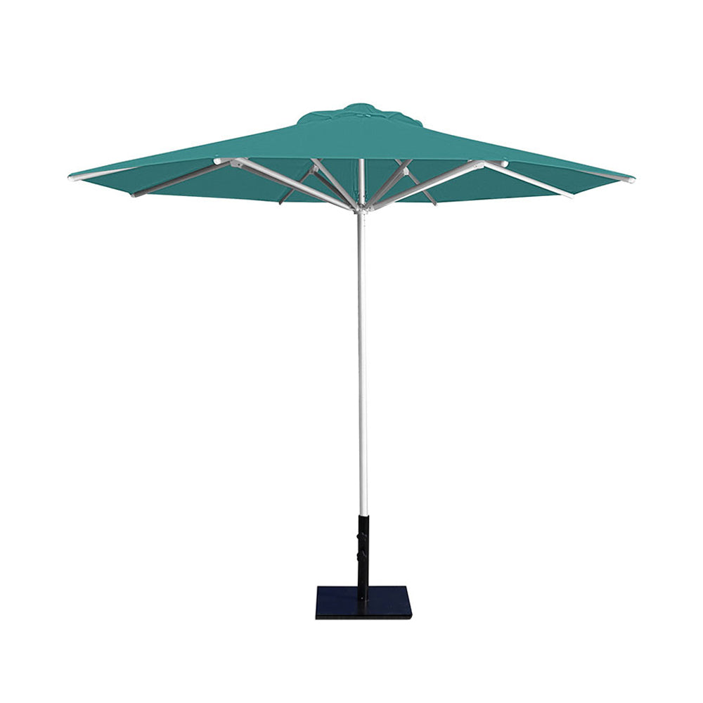 10' Saville octagonal umbrella by Extreme Canopy with turquoise canopy, silver frame, and 50lb base plate