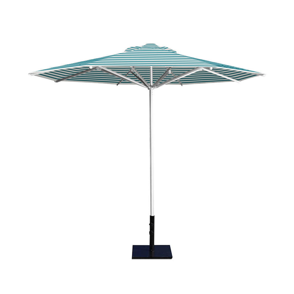 10' Saville octagonal umbrella by Extreme Canopy with turquoise stripe canopy, silver frame, and 50lb base plate