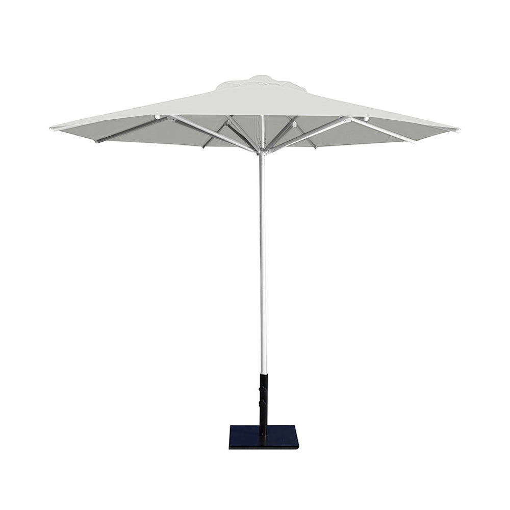 10' Saville octagonal umbrella by Extreme Canopy with white canopy, silver frame, and 50lb base plate