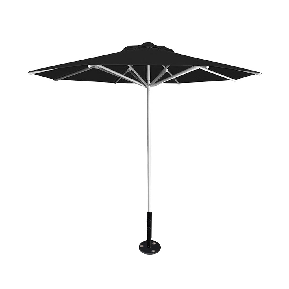 10' Saville octagonal umbrella by Extreme Canopy with black canopy, silver frame, and inground base plate