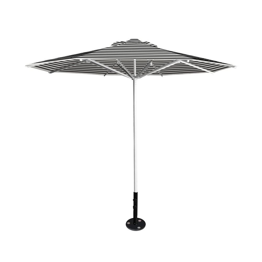 10' Saville octagonal umbrella by Extreme Canopy with black stripe canopy, silver frame, and inground base plate