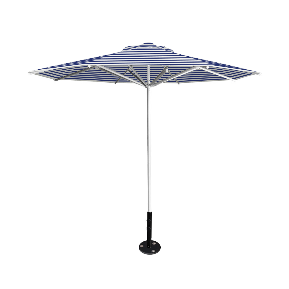 10' Saville octagonal umbrella by Extreme Canopy with blue stripe canopy, silver frame, and inground base plate