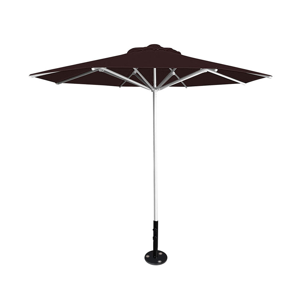 10' Saville octagonal umbrella by Extreme Canopy with brown canopy, silver frame, and inground base plate