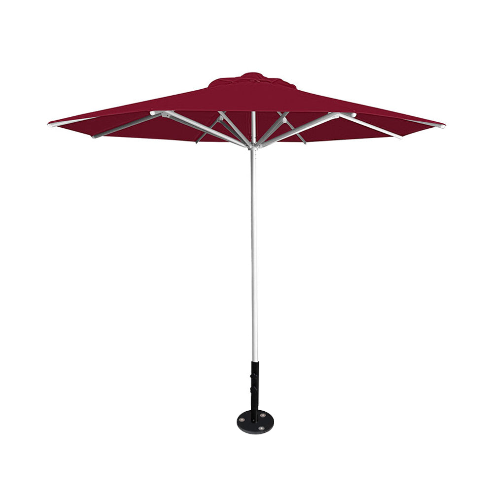 10' Saville octagonal umbrella by Extreme Canopy with burgundy canopy, silver frame, and inground base plate