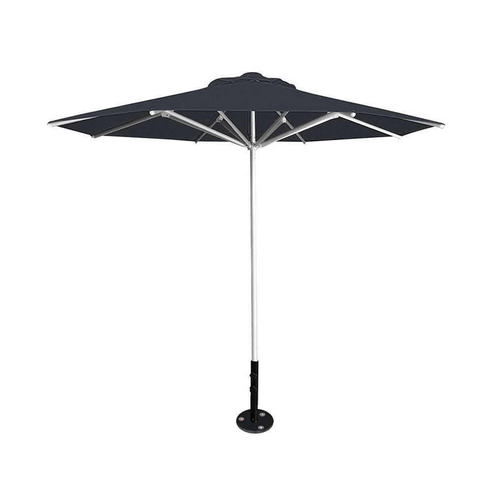 10' Saville octagonal umbrella by Extreme Canopy with charcoal canopy, silver frame, and inground base plate