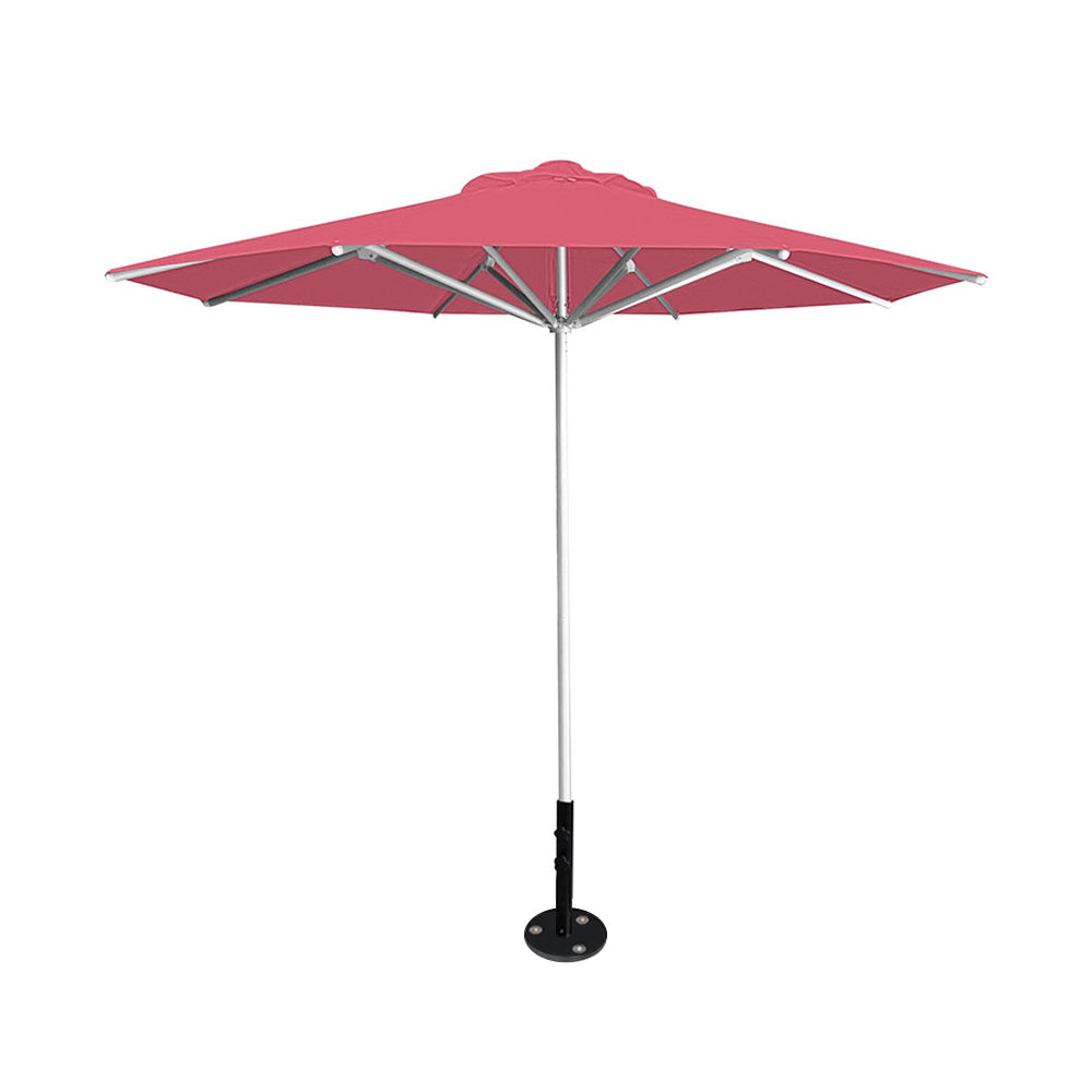 10' Saville octagonal umbrella by Extreme Canopy with coral canopy, silver frame, and inground base plate