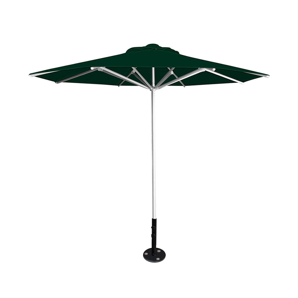 10' Saville octagonal umbrella by Extreme Canopy with forest green canopy, silver frame, and inground base plate