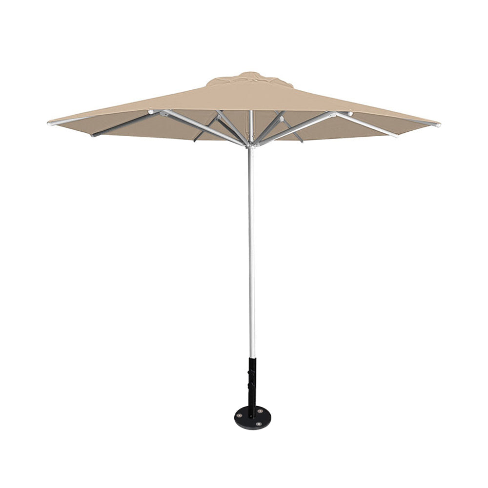 10' Saville octagonal umbrella by Extreme Canopy with linen canopy, silver frame, and inground base plate