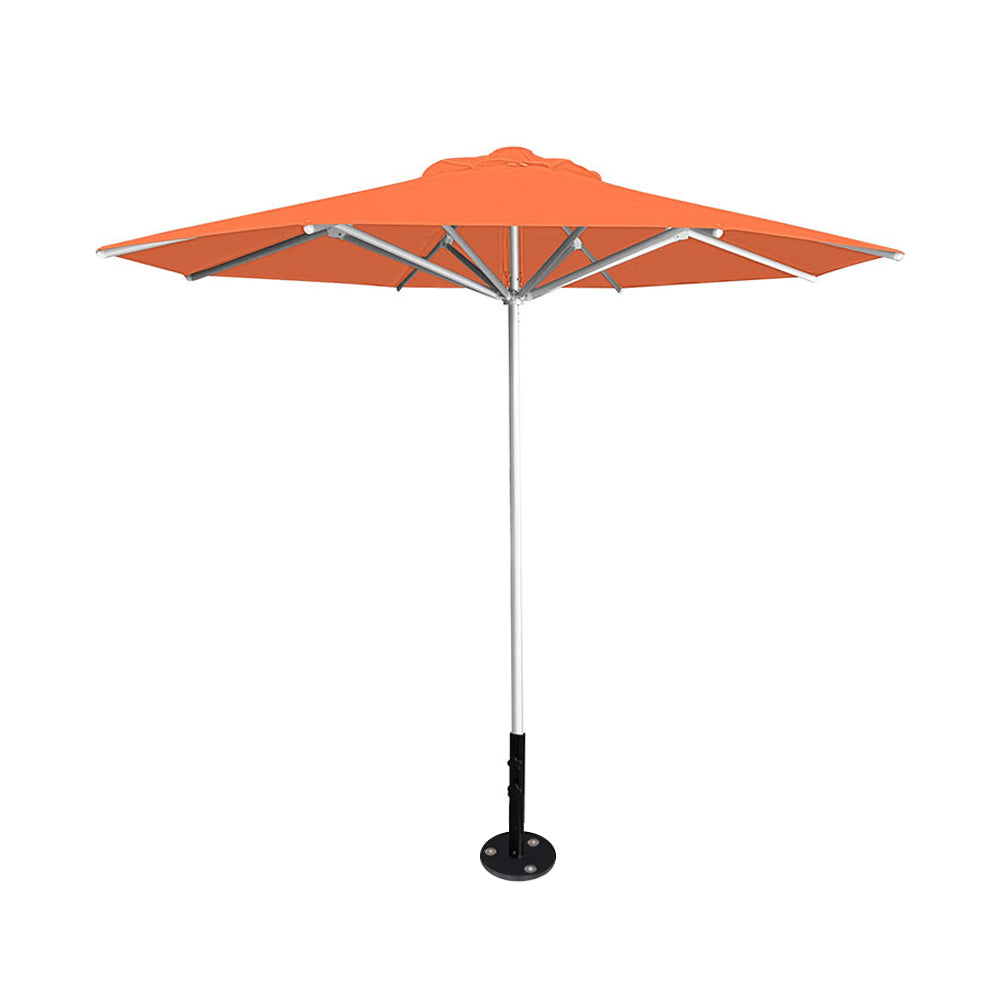 10' Saville octagonal umbrella by Extreme Canopy with orange canopy, silver frame, and inground base plate