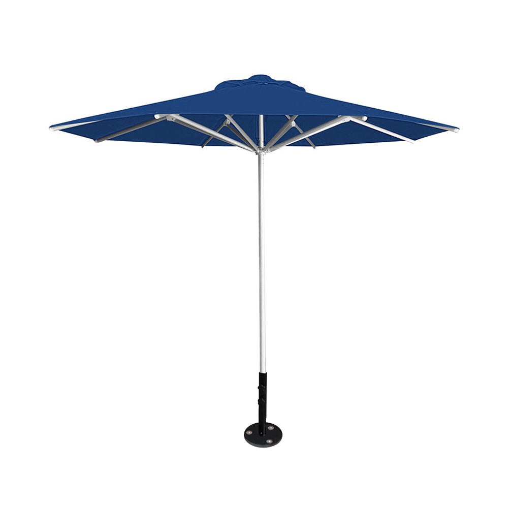 10' Saville octagonal umbrella by Extreme Canopy with pacific blue canopy, silver frame, and inground base plate