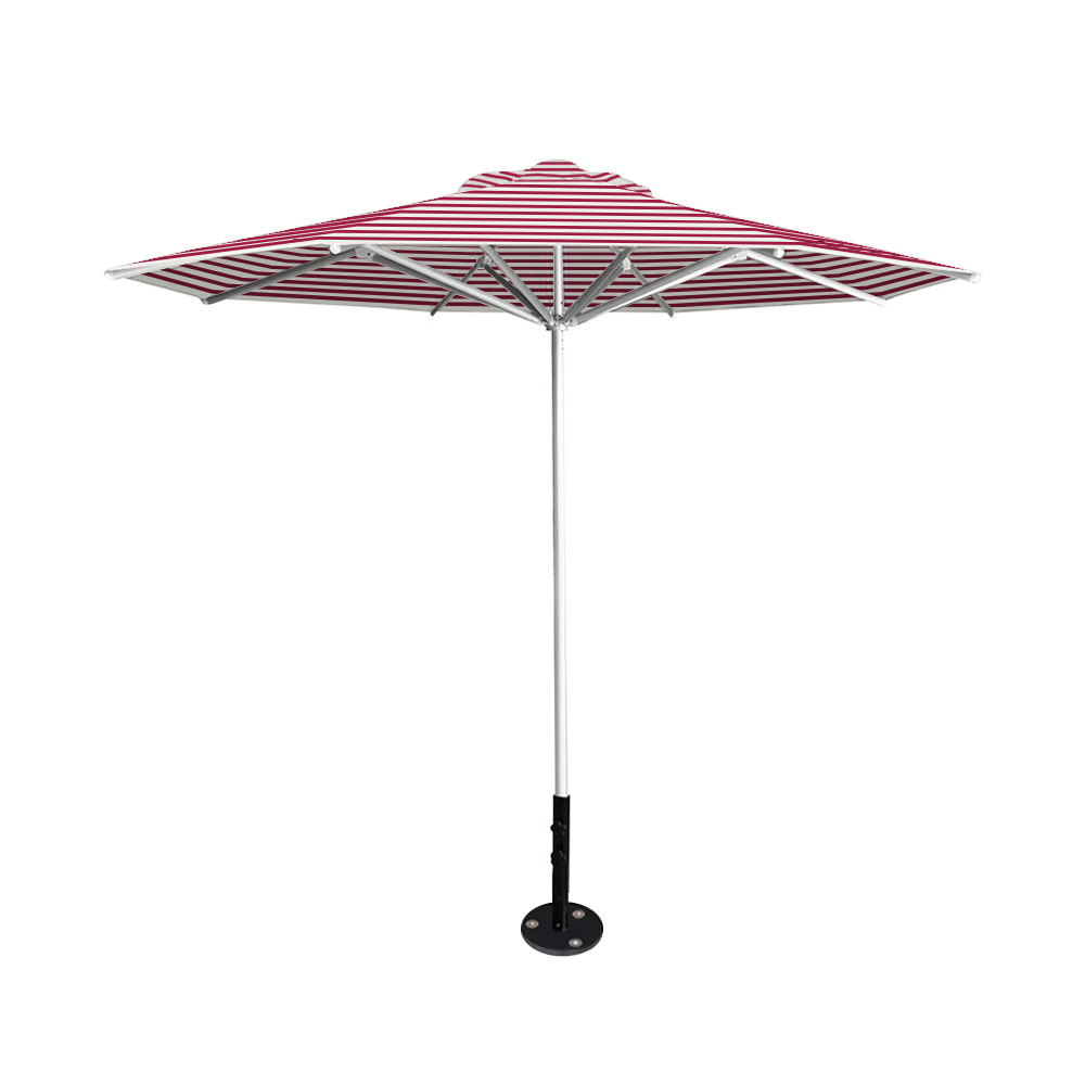 10' Saville octagonal umbrella by Extreme Canopy with red stripe canopy, silver frame, and inground base plate