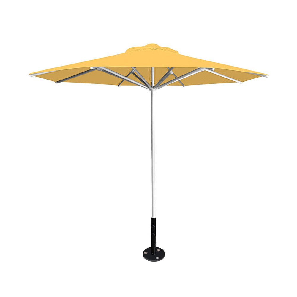 10' Saville octagonal umbrella by Extreme Canopy with sunflower canopy, silver frame, and inground base plate