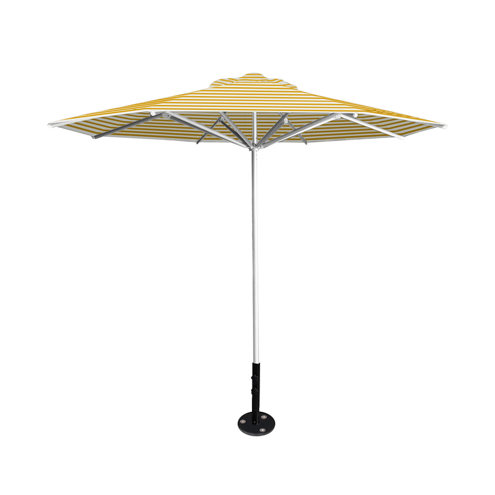 10' Saville octagonal umbrella by Extreme Canopy with sunflower stripe canopy, silver frame, and inground base plate