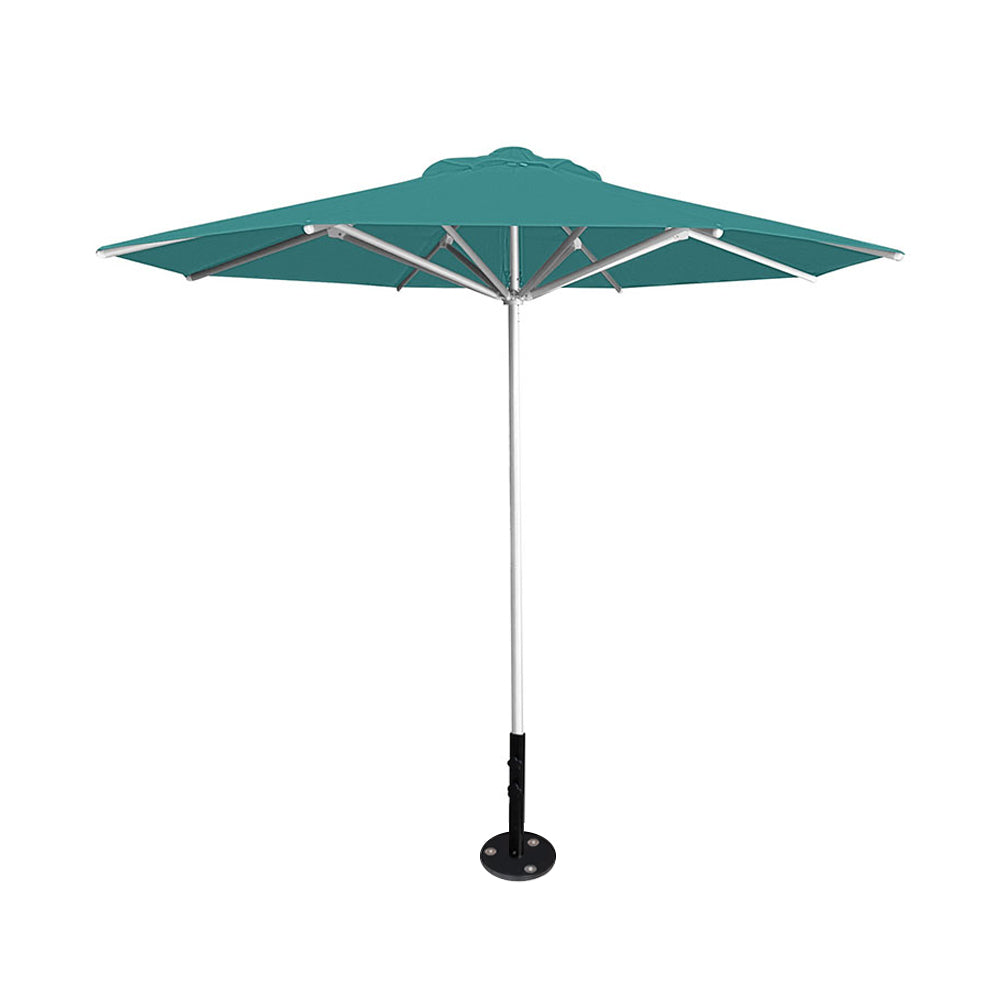 10' Saville octagonal umbrella by Extreme Canopy with turquoise canopy, silver frame, and inground base plate