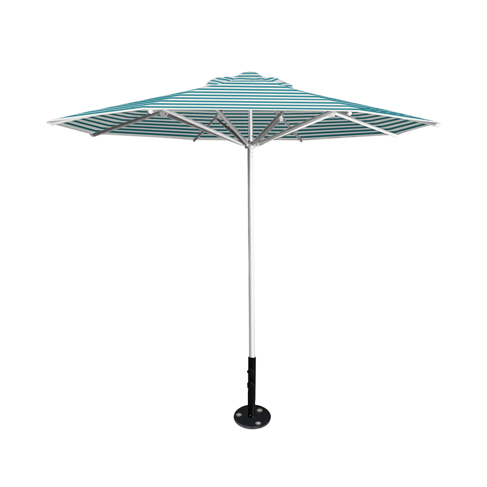 10' Saville octagonal umbrella by Extreme Canopy with turquoise stripe canopy, silver frame, and inground base plate