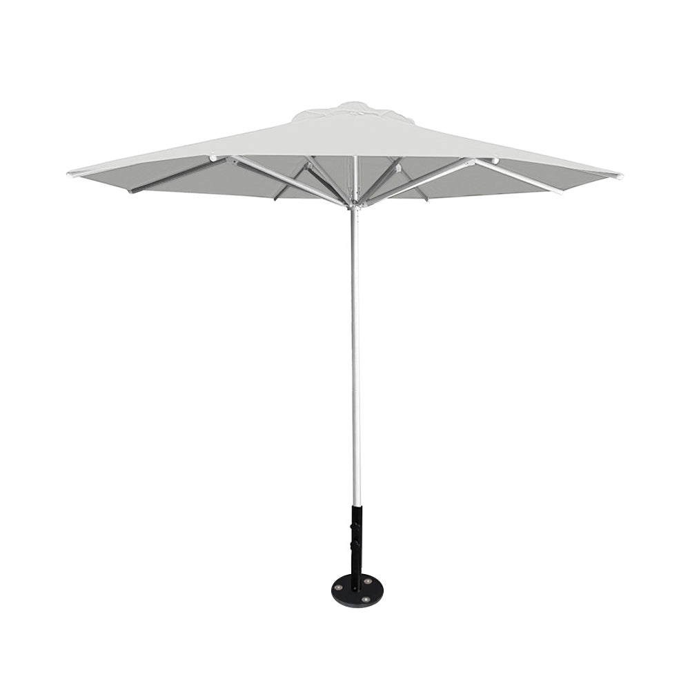10' Saville octagonal umbrella by Extreme Canopy with white canopy, silver frame, and inground base plate