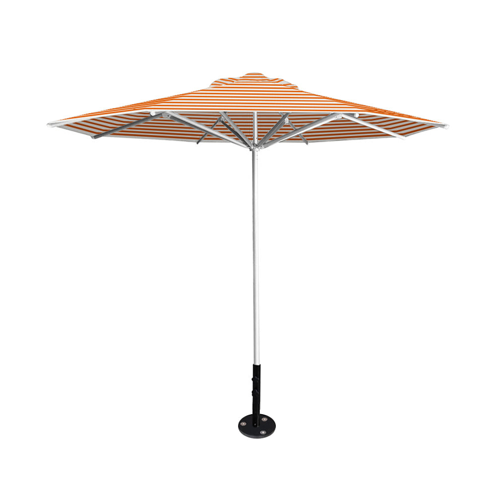 10' Saville octagonal umbrella by Extreme Canopy with orange stripe canopy, silver frame, and inground base plate