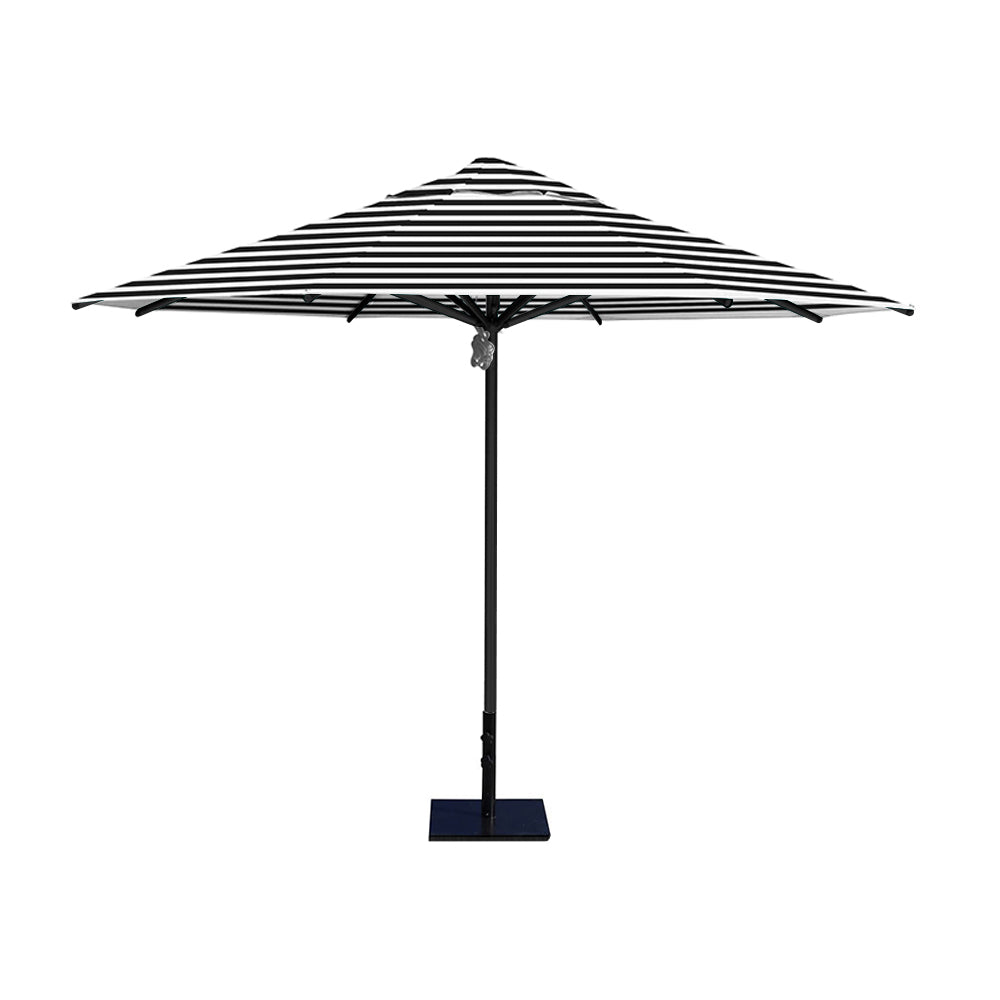 11' Saville octagonal umbrella by Extreme Canopy with black stripe canopy, black frame, and 50lb steel base