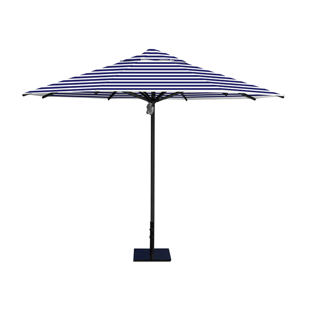 11' Saville octagonal umbrella by Extreme Canopy with blue stripe canopy, black frame, and 50lb steel base