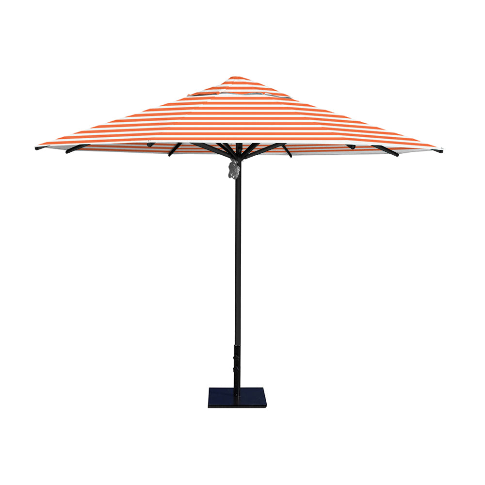 11' Saville octagonal umbrella by Extreme Canopy with orange stripe canopy, black frame, and 50lb steel base