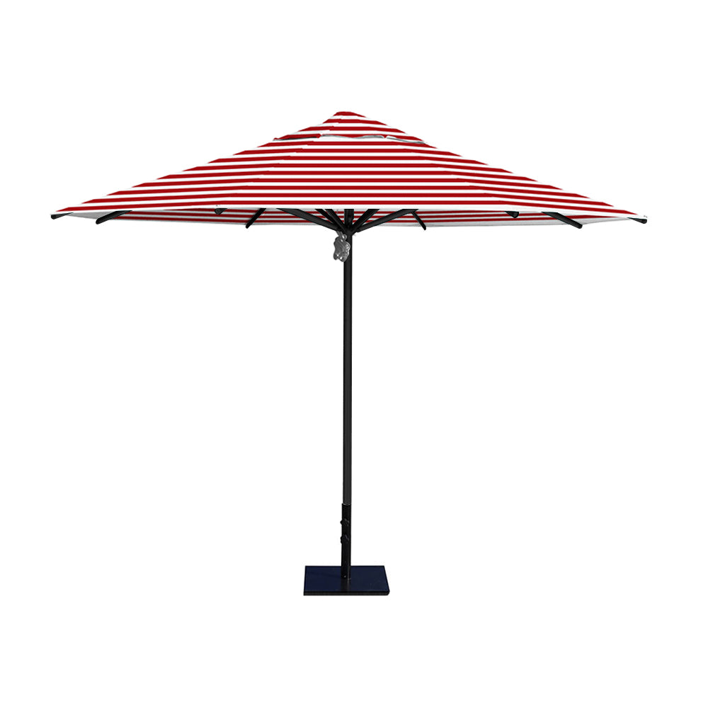 11' Saville octagonal umbrella by Extreme Canopy with red stripe canopy, black frame, and 50lb steel base