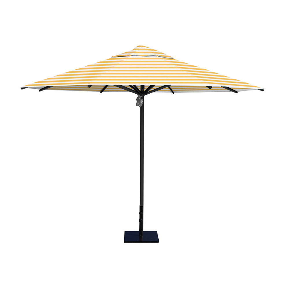 11' Saville octagonal umbrella by Extreme Canopy with sunflower stripe canopy, black frame, and 50lb steel base