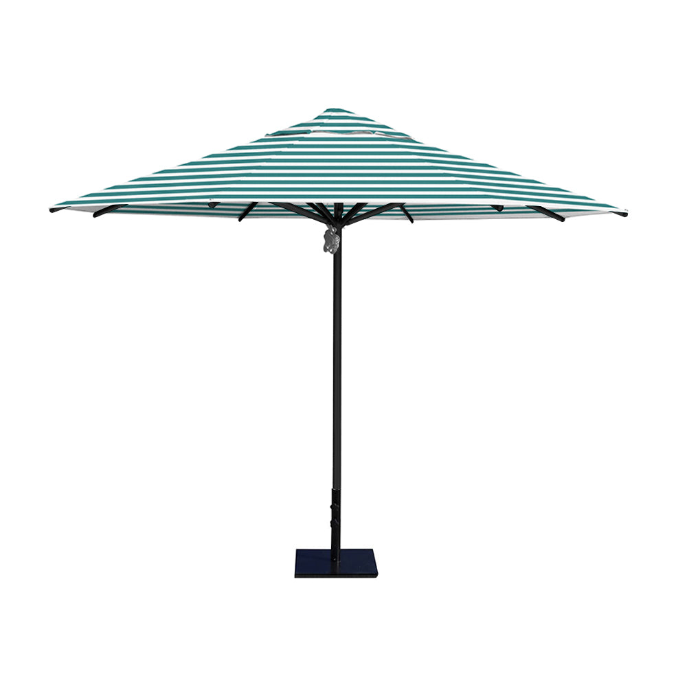 11' Saville octagonal umbrella by Extreme Canopy with turquiose stripe canopy, black frame, and 50lb steel base