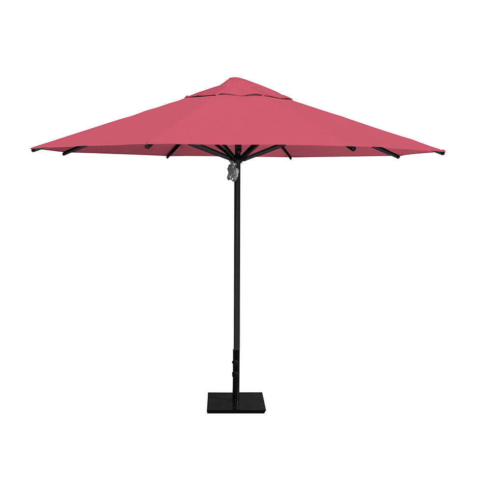 11' Saville octagonal umbrella by Extreme Canopy with coral canopy, black frame, and 50lb steel base