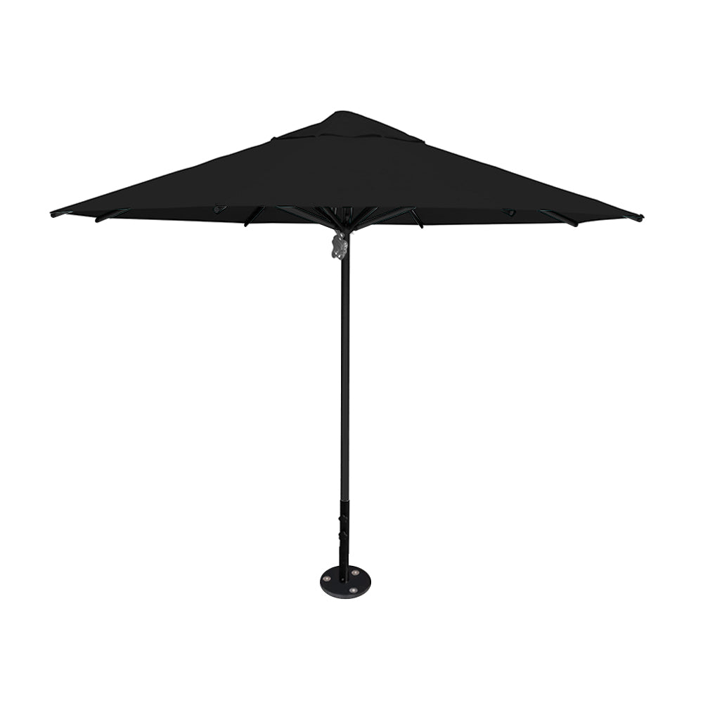 11' diameter Saville octagonal umbrella featuring a black canopy and black aluminum frame and inground base by Extreme Canopy