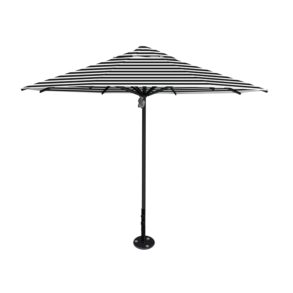 11' diameter Saville octagonal umbrella featuring a black stripe canopy and black aluminum frame and inground base by Extreme Canopy