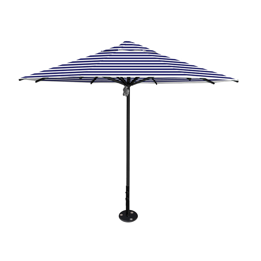 11' diameter Saville octagonal umbrella featuring a blue stripe canopy and black aluminum frame and inground base by Extreme Canopy