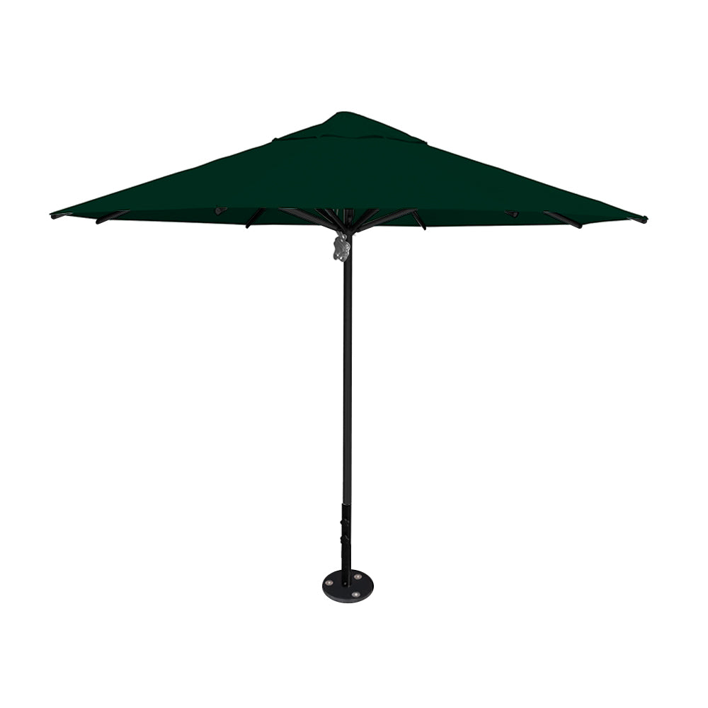 11' diameter Saville octagonal umbrella featuring a forest canopy and black aluminum frame and inground base by Extreme Canopy
