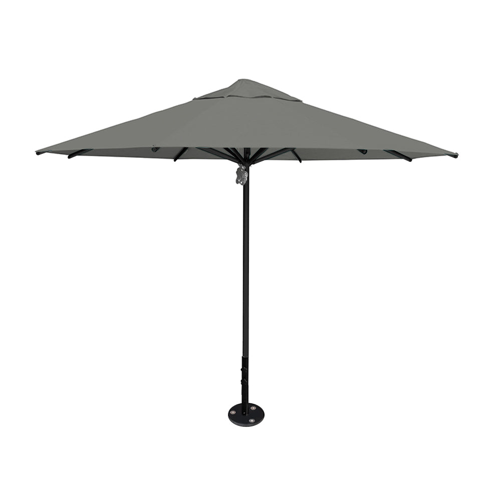 11' diameter Saville octagonal umbrella featuring a gray canopy and black aluminum frame and inground base by Extreme Canopy