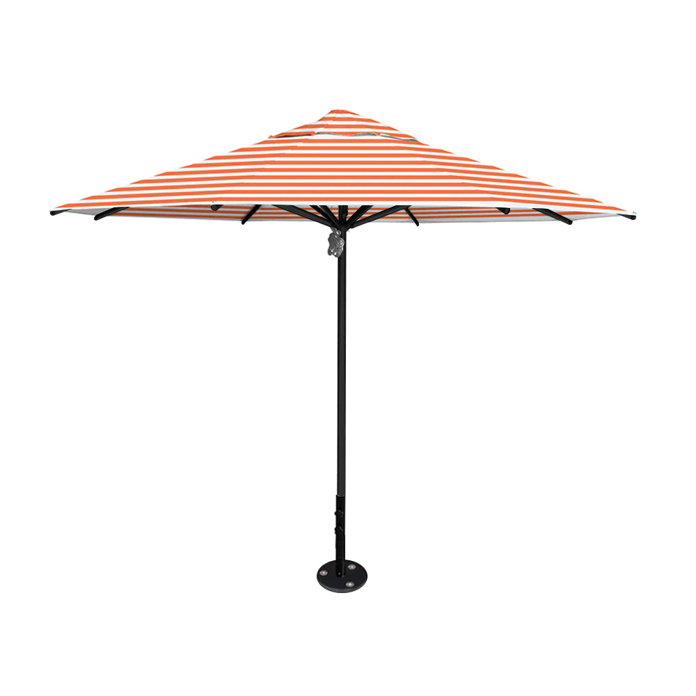 11' diameter Saville octagonal umbrella featuring a orange stripe canopy and black aluminum frame and inground base by Extreme Canopy