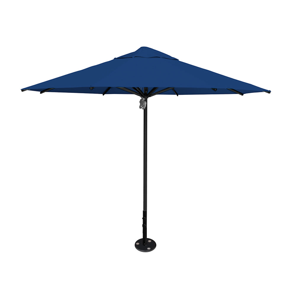 11' diameter Saville octagonal umbrella featuring a pacific canopy and black aluminum frame and inground base by Extreme Canopy