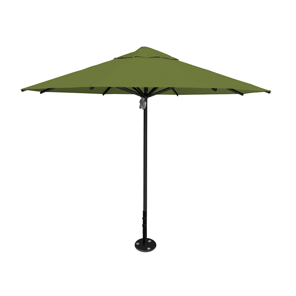 11' diameter Saville octagonal umbrella featuring a pistachio canopy and black aluminum frame and inground base by Extreme Canopy
