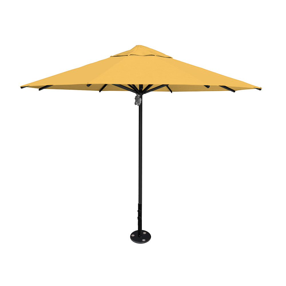 11' diameter Saville octagonal umbrella featuring a sunflower canopy and black aluminum frame and inground base by Extreme Canopy