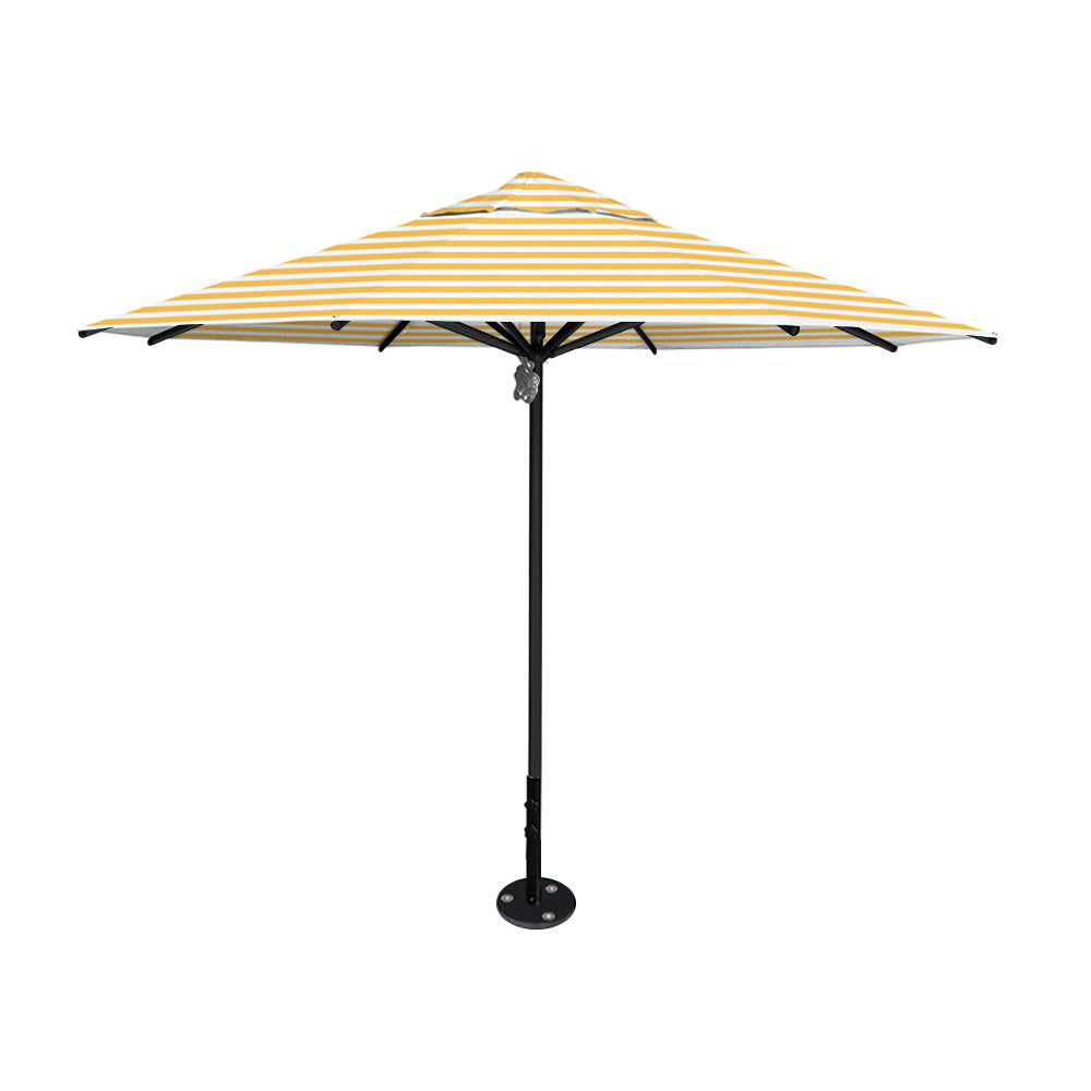 11' diameter Saville octagonal umbrella featuring a sunflower stripe canopy and black aluminum frame and inground base by Extreme Canopy