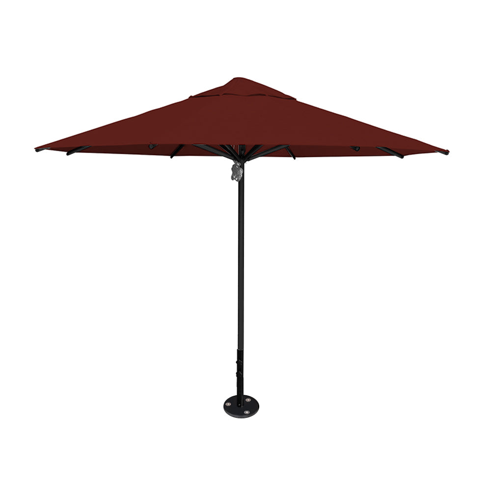 11' diameter Saville octagonal umbrella featuring a terracotta canopy and black aluminum frame and inground base by Extreme Canopy
