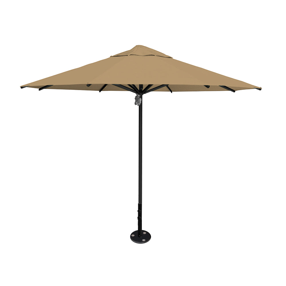 11' diameter Saville octagonal umbrella featuring a toast canopy and black aluminum frame and inground base by Extreme Canopy
